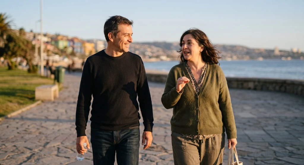 Una pareja adulta caminando y conversando junto al mar