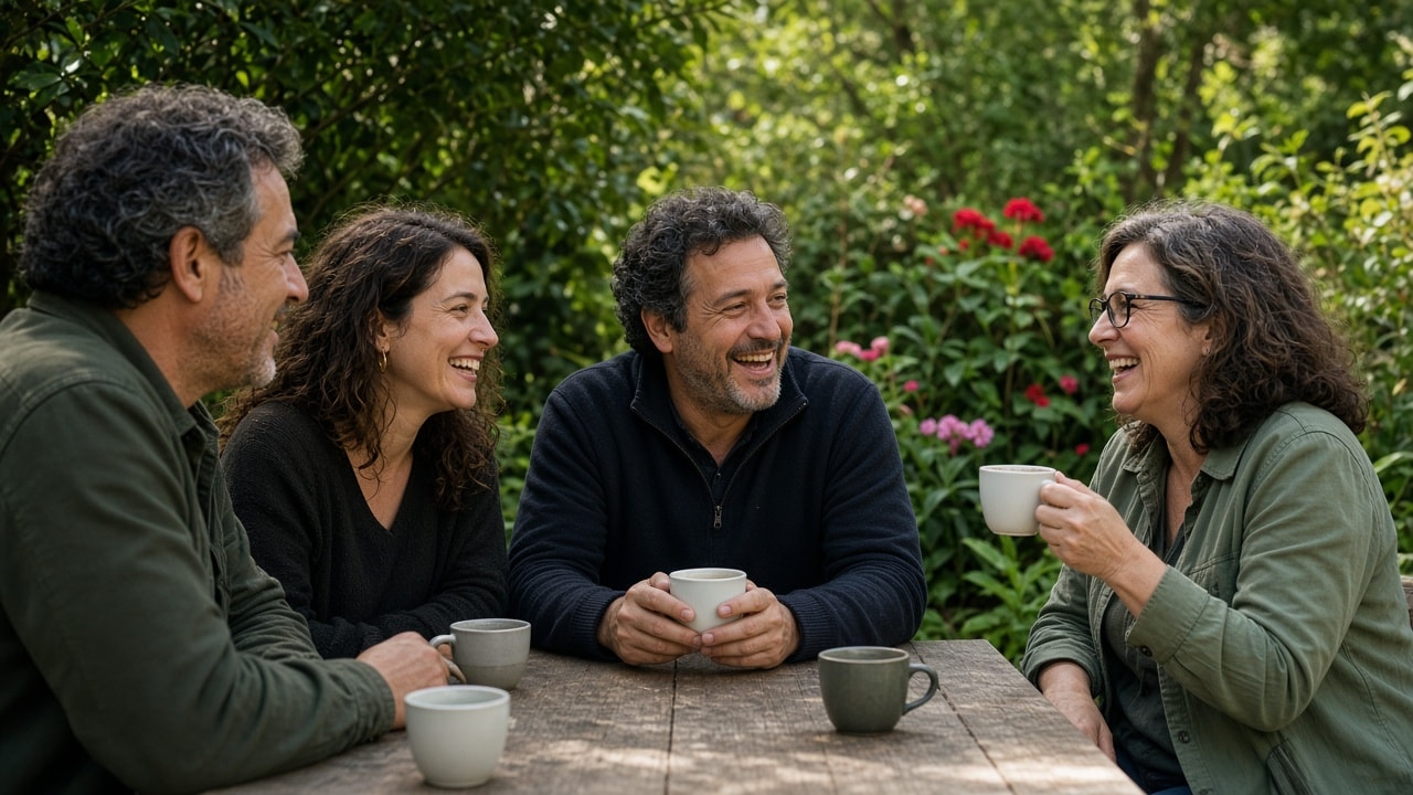 Amistades de distintas edades compartiendo una mesa al aire libre